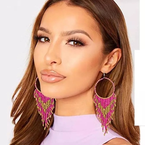 Pink Gold Boho Beaded Earrings NWT - Picture 4 of 4